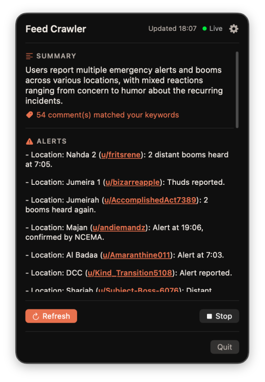 Feed Crawler — Summary and Alerts screen